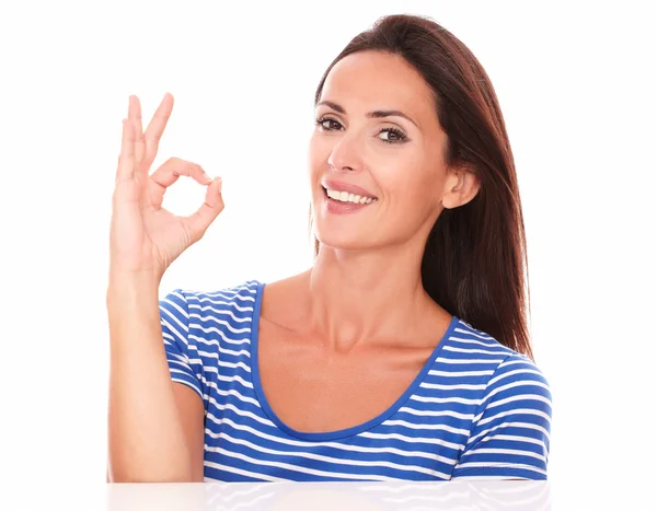 Beautiful adult lady gesturing a great job — Stock Photo, Image