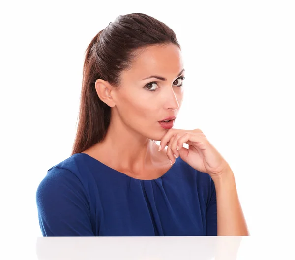 Young adult in blue blouse looking at you — Stock Photo, Image