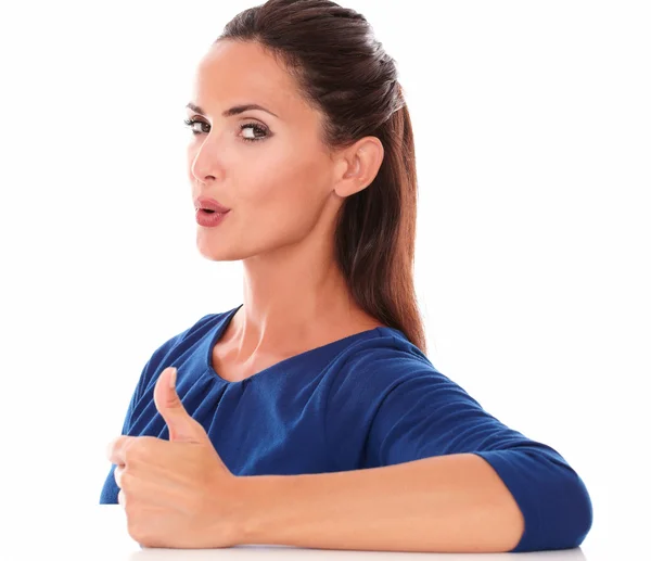 Cute girl with thumb up gesturing great job — Stock Photo, Image