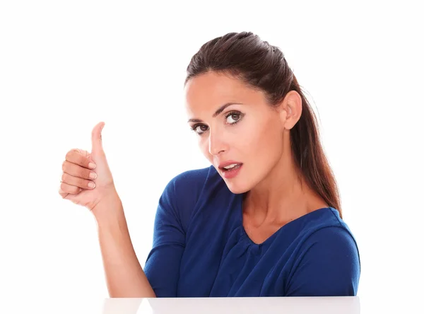 Lovely woman in blue shirt with thumb up — Stock Photo, Image