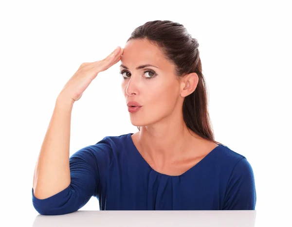 Lovely hispanic in blue blouse gesturing error — Stock Photo, Image