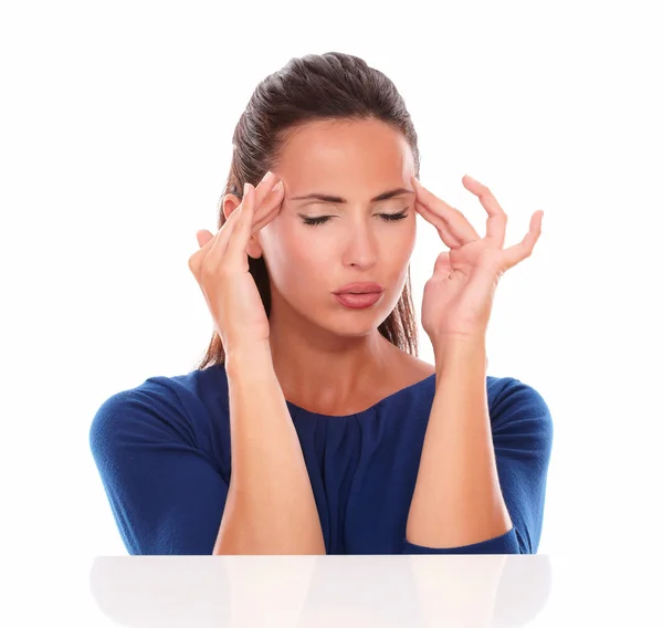 Lovely female with closed eyes suffering headache — Stock Photo, Image