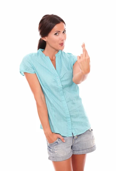 Charming lady with crossing fingers for luck sign — Stock Photo, Image