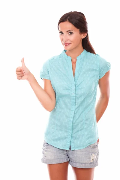 Smart lady looking at you with thumb up — Stock Photo, Image