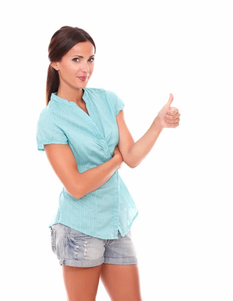 Single smart hispanic lady with thumb up — Stock Photo, Image