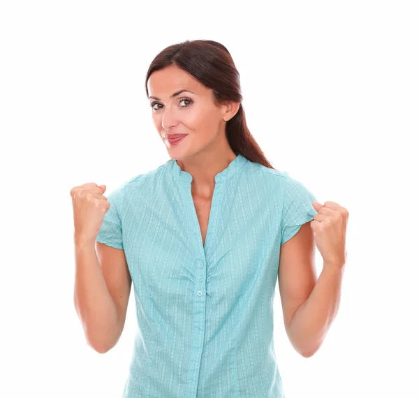 Attractive female in blue shirt with arms up — Stock Photo, Image