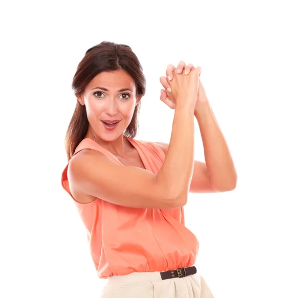 Pretty young lady with arms up — Stock Photo, Image