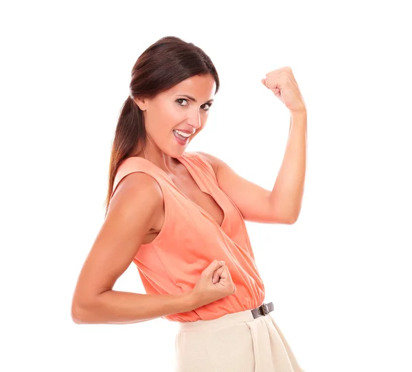 Single young brunette with arms up — Stock Photo, Image