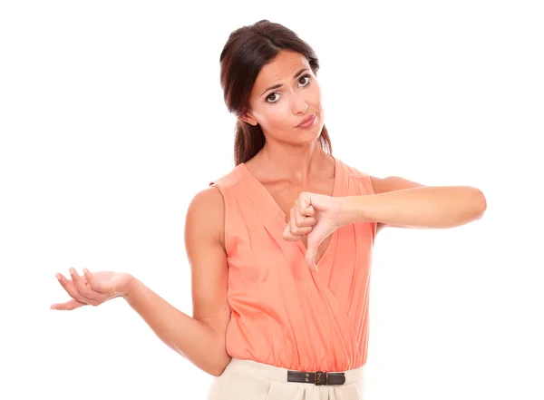 Pretty young female with thumb down — Stock Photo, Image