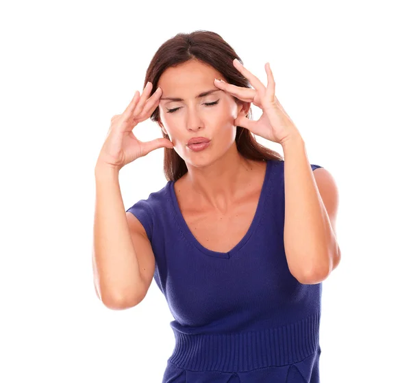 Pretty woman with hand on head and closed eyes — Stock Photo, Image