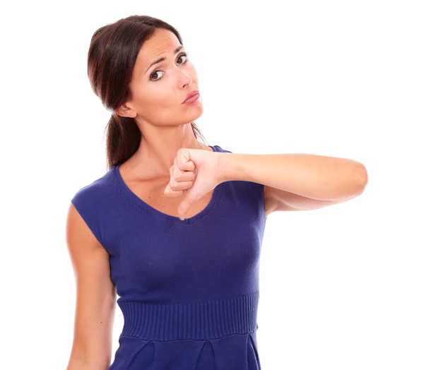 Sad hispanic lady with thumb down — Stock Photo, Image