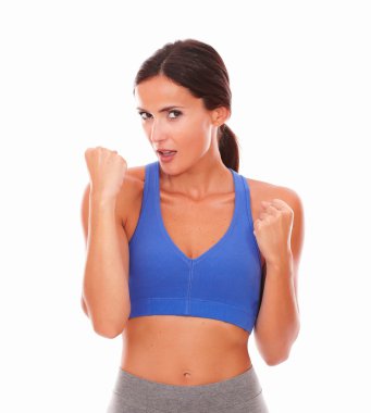 Sportif neşeli Bayan mutlu jest ile