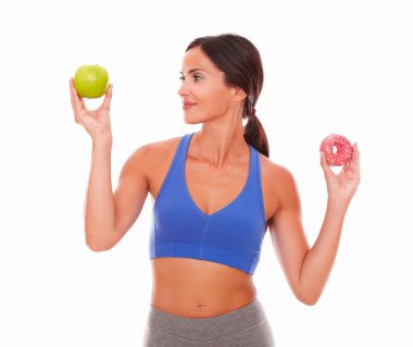 Sportif kadın fitness üzerinde şekerli Gıda seçimi