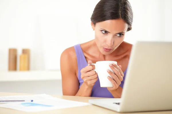 컴퓨터에 웹을 서핑 하는 우아한 여성 — 스톡 사진