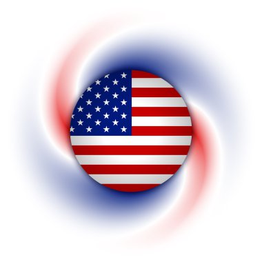 Bükülmüş mavi kırmızı ve beyaz arka plan üzerinde Amerikan rozeti