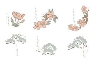 El çizimi doğal arkaplanı olan Japon unsurları simgeleri. Kiraz çiçeği ve bonsai logosu Asya tarzında tasarlanmış..