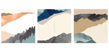 Japonca şablon vektörüyle doğal manzara. Boya fırçası elementleriyle dolu dağ ormanı şablonu. Geniş duvar kağıdını özetle.