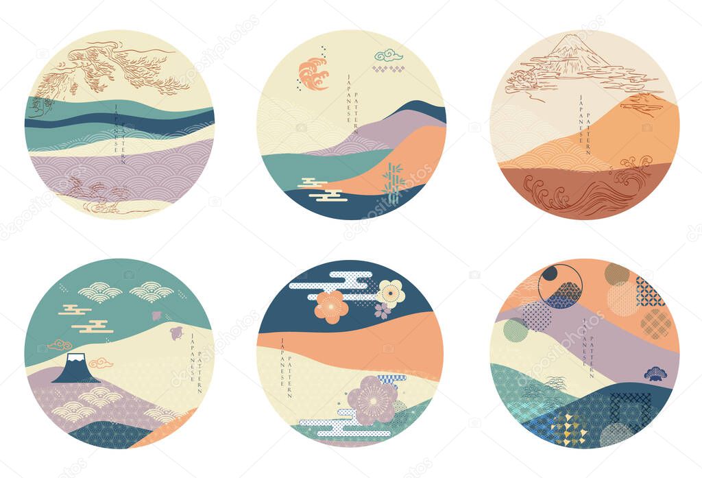 Japanese background in circle shape vector. Asian element template with abstract landscape backdrop.