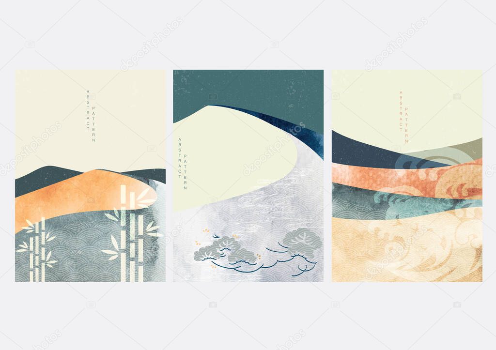 Abstract landscape background with Japanese icons and wave pattern vector. Watercolor texture in Chinese style. Mountain forest template illustration.