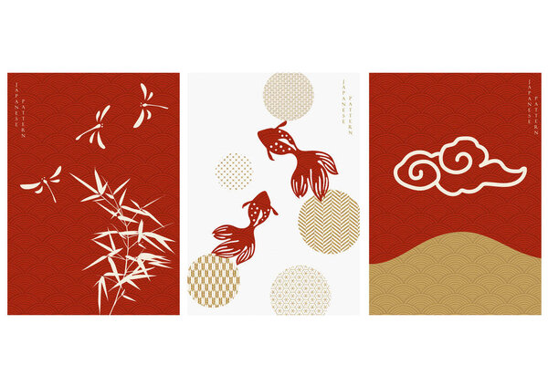 Японский фон с азиатскими иконами и символьным вектором. Стрекоза, бамбук, элементы золотых рыбок в восточном стиле.