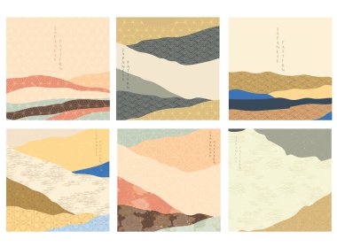 Japonca şablon vektörüyle doğal manzara. Soyut geniş duvar kağıdıyla klasik tarzda dağ ormanı şablonu.