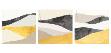 Japon dalga şablon vektörüyle doğal manzara. Dağ orman şablonu altın ve siyah desenli. Geniş duvar kağıdını özetle.