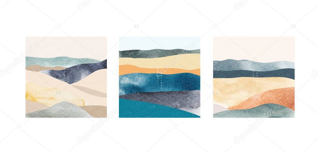 Abstract landscape background with Japanese pattern vector. Mountain forest template with watercolor texture elements. Natural wide wallpaper.