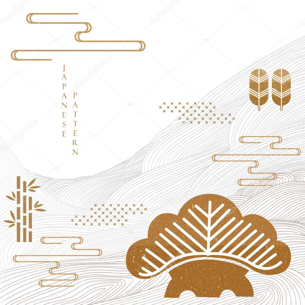 Japanese background with line pattern vector. Bonsai, wave and bamboo icon and symbol with invitation card design in Asian design.