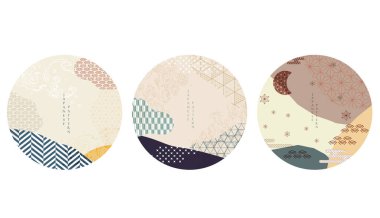 Japon arka plan vektörü. Asya simgeleri ve sembolleri. Geleneksel doğulu poster tasarımı. Soyut kalıp ve şablon. El çizimi dalga ve bulut nesnesi olan geometrik öge.