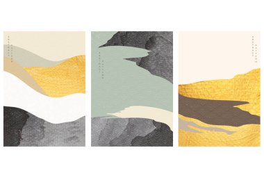 Soyut sanat arka planı ve Japon dalga modeli vektörü. Altın folyo ve siyah doku elementleriyle doğal manzara tasviri.