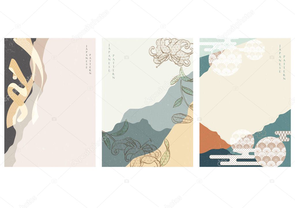 Abstract background with Asian traditional elements vector. Hand drawn decoration with Japanese wave pattern in vintage style.