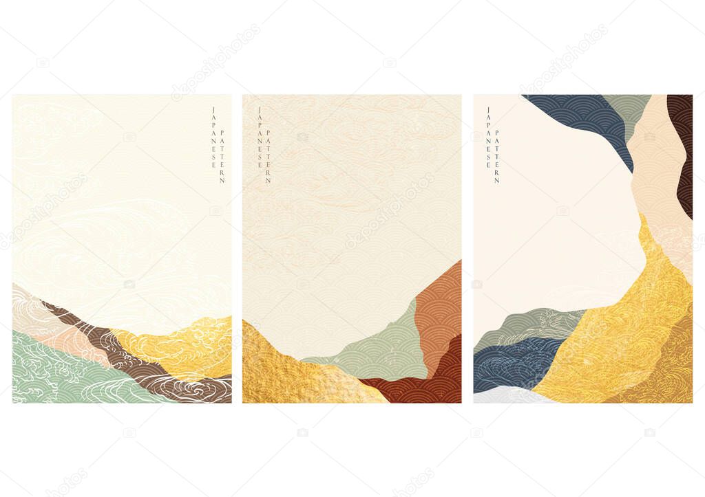 Japanese background with hand drawn wave pattern vector. Abstract template with mountain in oriental style with gold texture.
