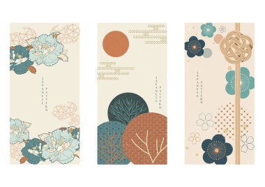 Geleneksel Asya ikon vektörü ile Japon arka planı. Kiraz çiçeği ve şakayık çiçeği, dalga deseni, bambu ve kurdele elementleri. Vintage biçiminde geometrik desen.