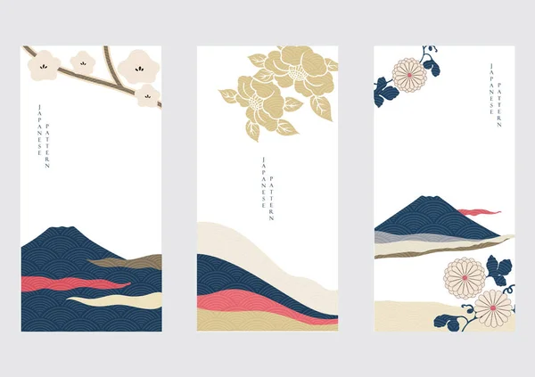 Fuji Hora Kamélií Květiny Japonském Stylu Krajina Pozadí Vlnobitím Vzor — Stockový vektor