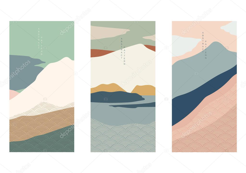 Natural Landscape background with Japanese pattern vector. Abstract template in banner design. Mountain forest in Asian poster design. 