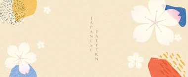 Kiraz çiçeği çiçek vektörlü Japon pankartı. Klasik tarzda geometrik desenli soyut elementler.