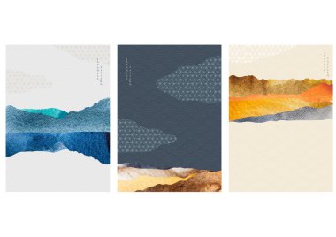 Japon dalga desenli manzara arkaplanı. Geometrik desenli soyut şablon. Asya tarzında dağ yerleşimi tasarımı. 