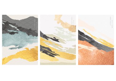 Japon dalga şablon vektörüyle soyut manzara arkaplanı. Altın folyo desenli suluboya desenli dağ ormanı afişi.