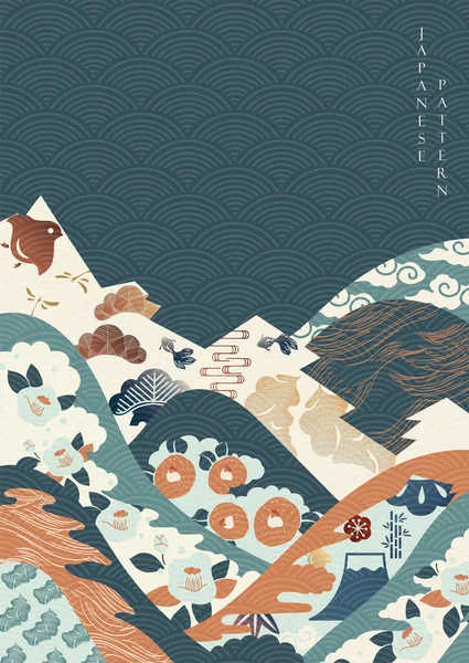 Японский Узор Вектором Цветов Камелии Горный Пейзаж Цветочным Узором Винтажном — стоковый вектор