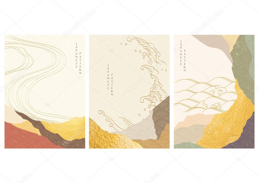 Japanese background with hand drawn wave decorations vector. Abstract template with mountain in oriental style with gold texture.