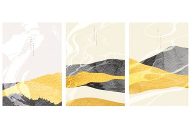 Soyut sanat arka planı ve Japon dalga modeli vektörü. Altın folyo ve siyah desenli doğal manzara çizimi.