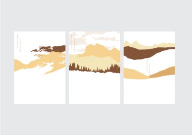 Soyut sanat arka planı ve Japon dalga modeli vektörü. İzole edilmiş peyzaj sancağına sahip dağ ormanı.