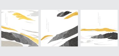 Siyah fırça darbesi element vektörlü soyut manzara. Altın folyo desenli klasik dağ ormanı sanatı.