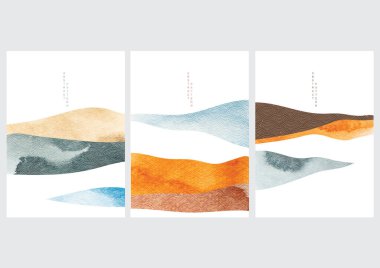 Suluboya doku vektörüyle soyut arkaplan. Japon dalga desenli klasik tarzda dağ manzarası elementi..