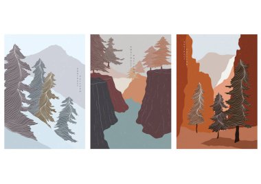 Ahşap şablon vektörlü sanat manzarası. Doğal soyut, dağ ormanı afişi ile klasik tarzda. Sonbahar mevsimi şablonu.