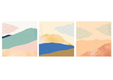 Suluboya doku vektörlü soyut manzara sanatı. Japon dalga desenli dağ ormanı şablonu.