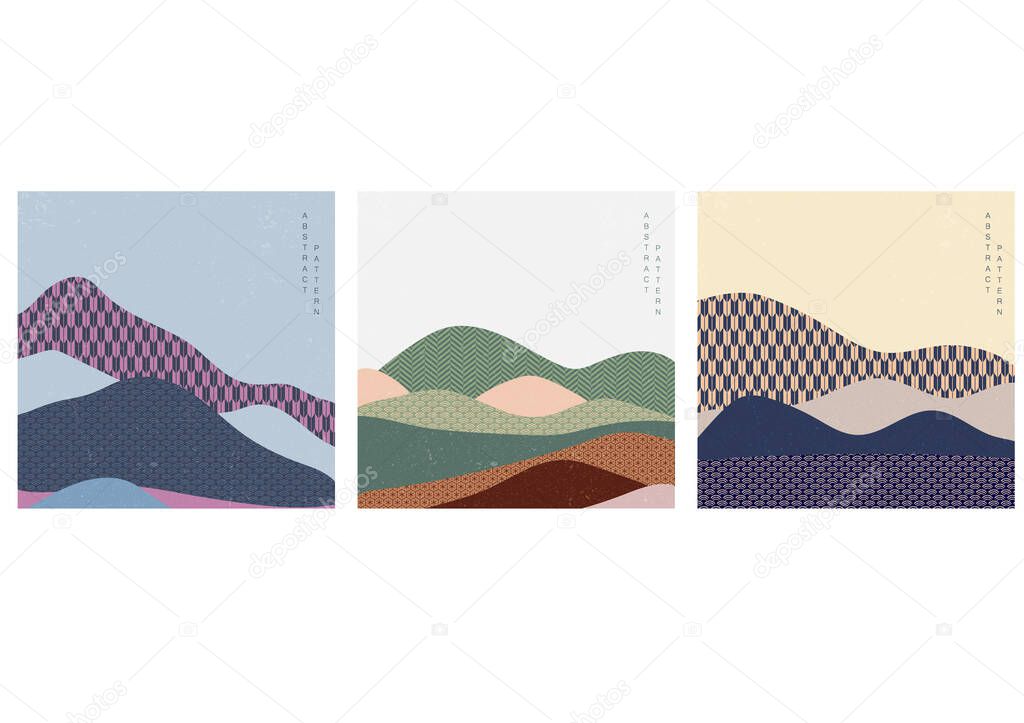 Abstract landscape background with Japanese pattern vector. Mountain forest art banner design with geometric elements.