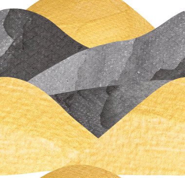 Altın ve siyah doku elementleri vektörü olan kusursuz Japon deseni. Asyalı arkaplan ve soyut dağ ormanları klasik tarzda dekore edilmiş..