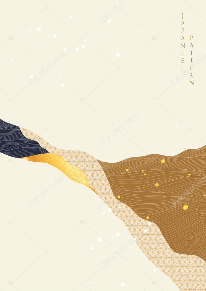Japanese background with hand drawn wave elements vector. Abstract art with line decoration banner design in vintage style. Gold texture with landscape template design.