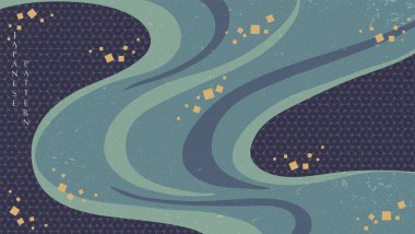 Soyut sanat afiş tasarım vektörüyle Japon arka planı. Eski tarzda eğri dekorasyonlu doğu şablonu.